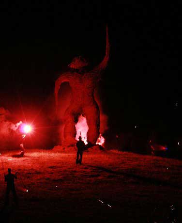 Fire sculpture and performers at Wickerman festival